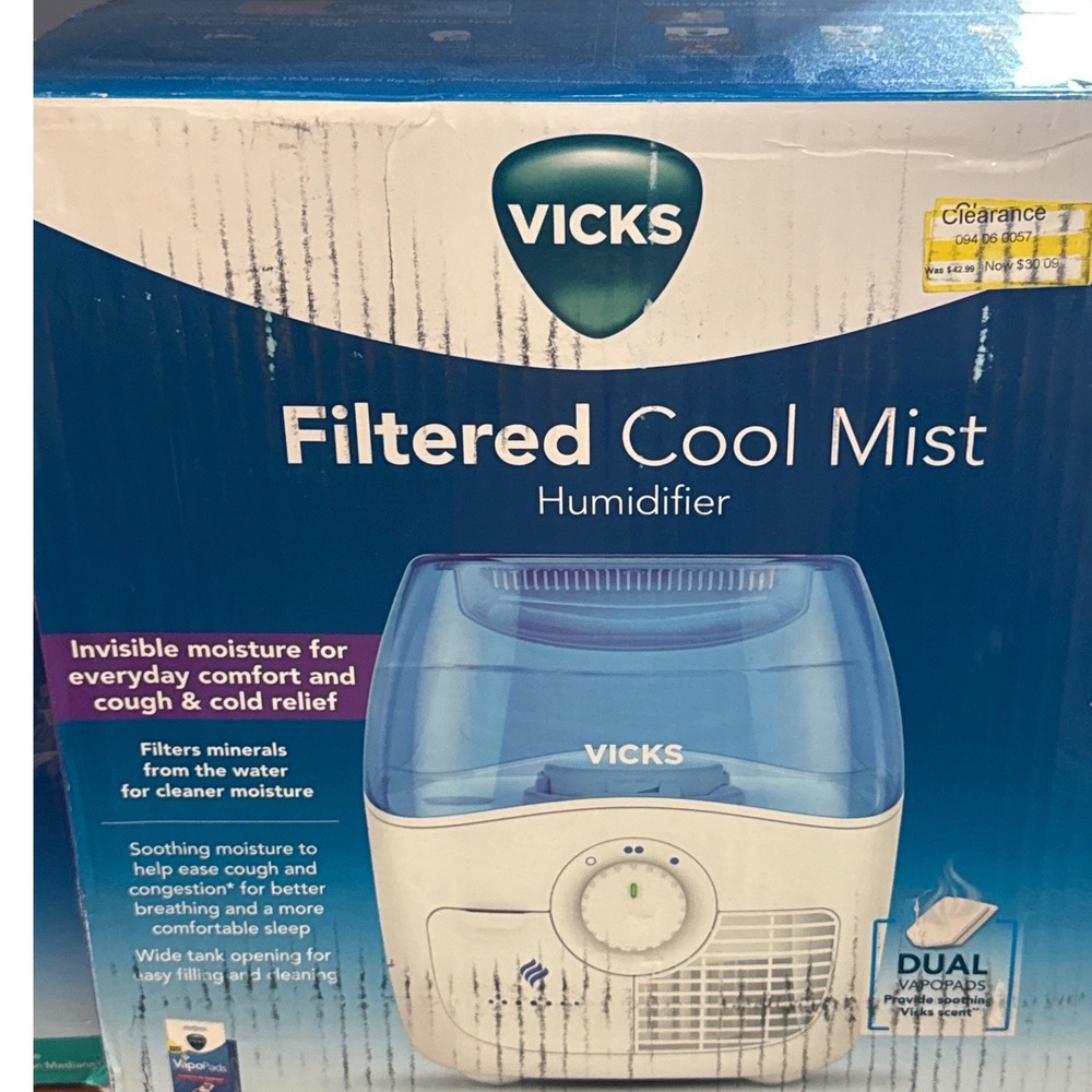 Vicks Filtered Cool Mist Humidifier VEV320 White Blue Dual VapoPads Slot